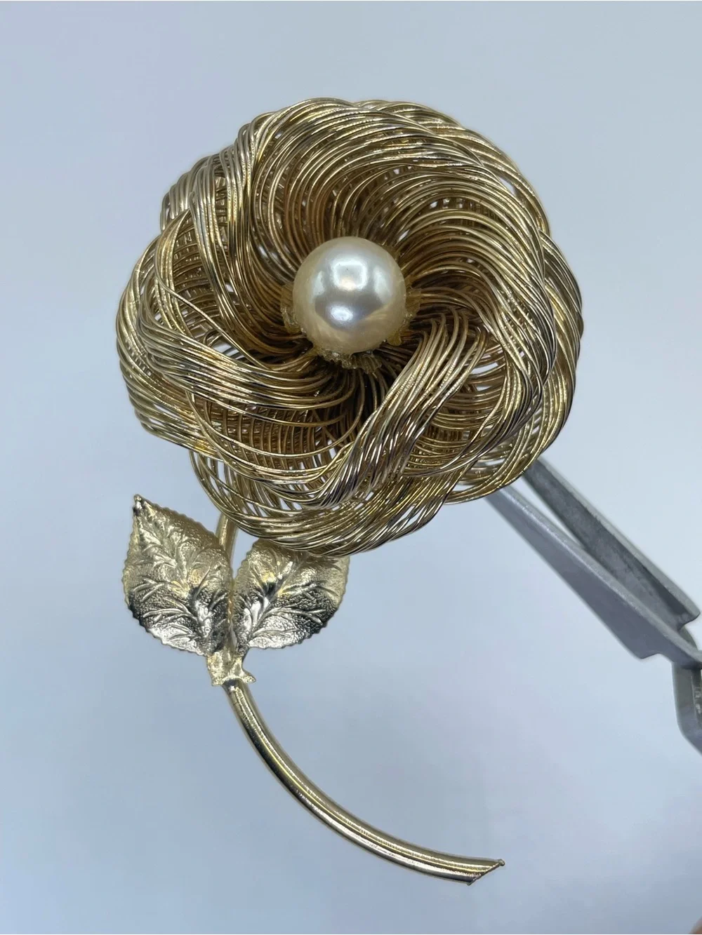 Gold Tone Faux Pearl Wire Flower Brooch Vintage Inspired Floral Pin